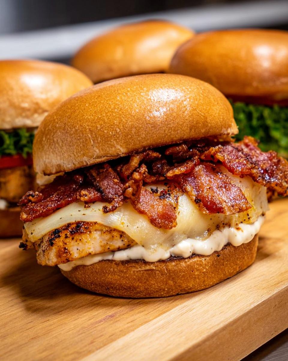 Close-up of a delicious chicken bacon burger with melted cheese, served as one of the restaurant-style easy dinner recipes at home.