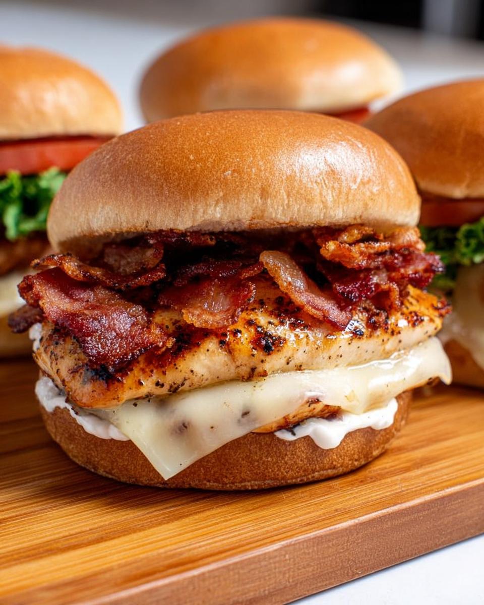 Close-up of a juicy chicken bacon burger with melted cheese, a restaurant-style easy dinner recipe.