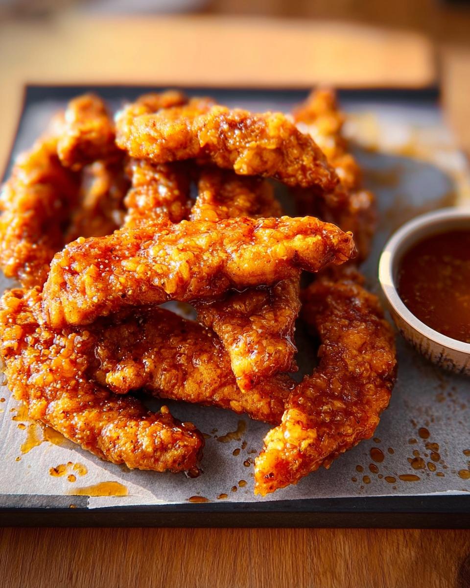 Close-up of crispy, glazed chicken strips, a perfect addition to restaurant-style chicken recipes at home.