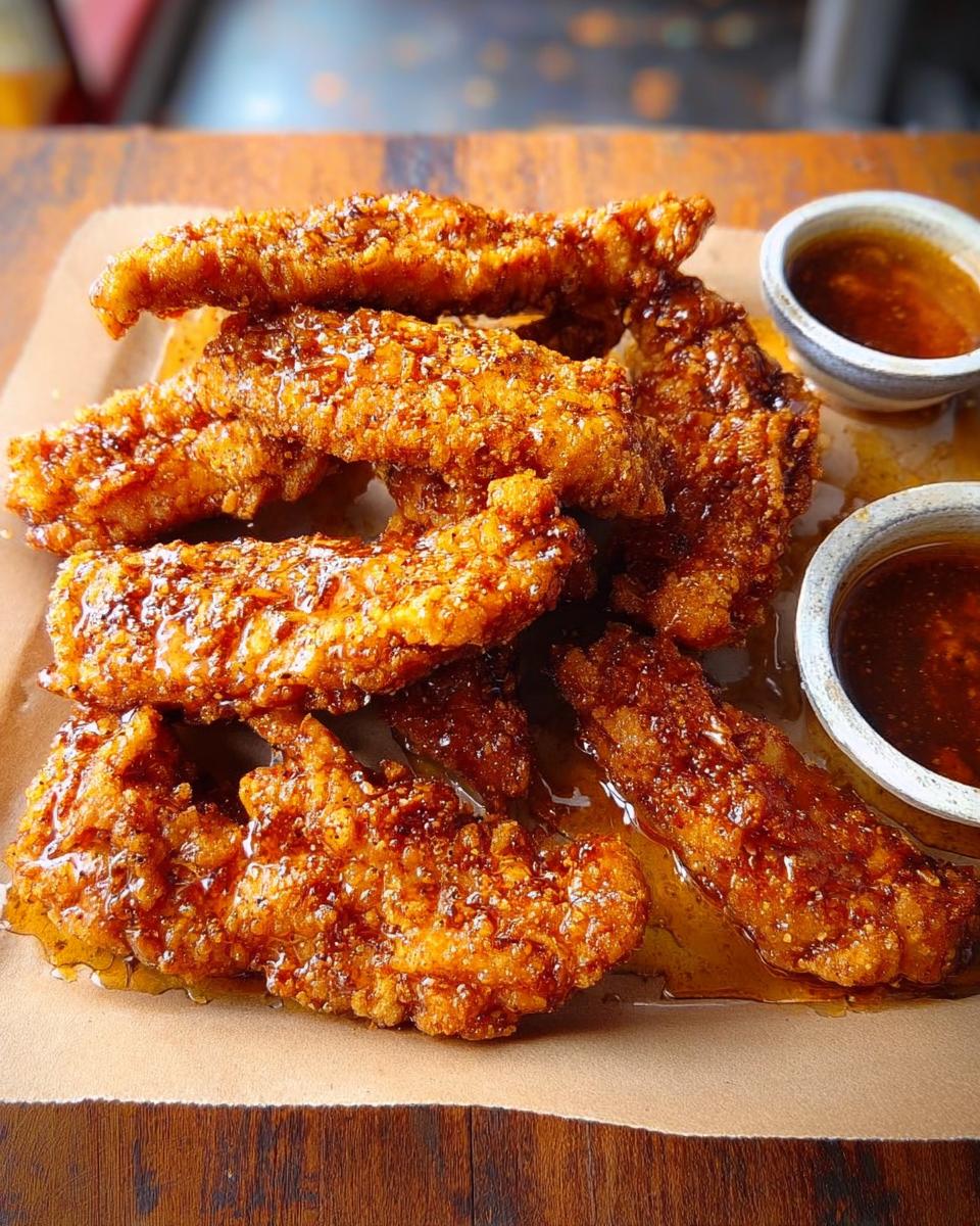 Close-up of crispy, golden-brown chicken tenders drizzled with a glossy sauce, served with dipping sauces.