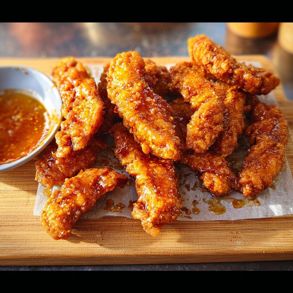 A pile of crispy, glazed chicken tenders served with a dipping sauce, perfect for restaurant-style chicken recipes at home.