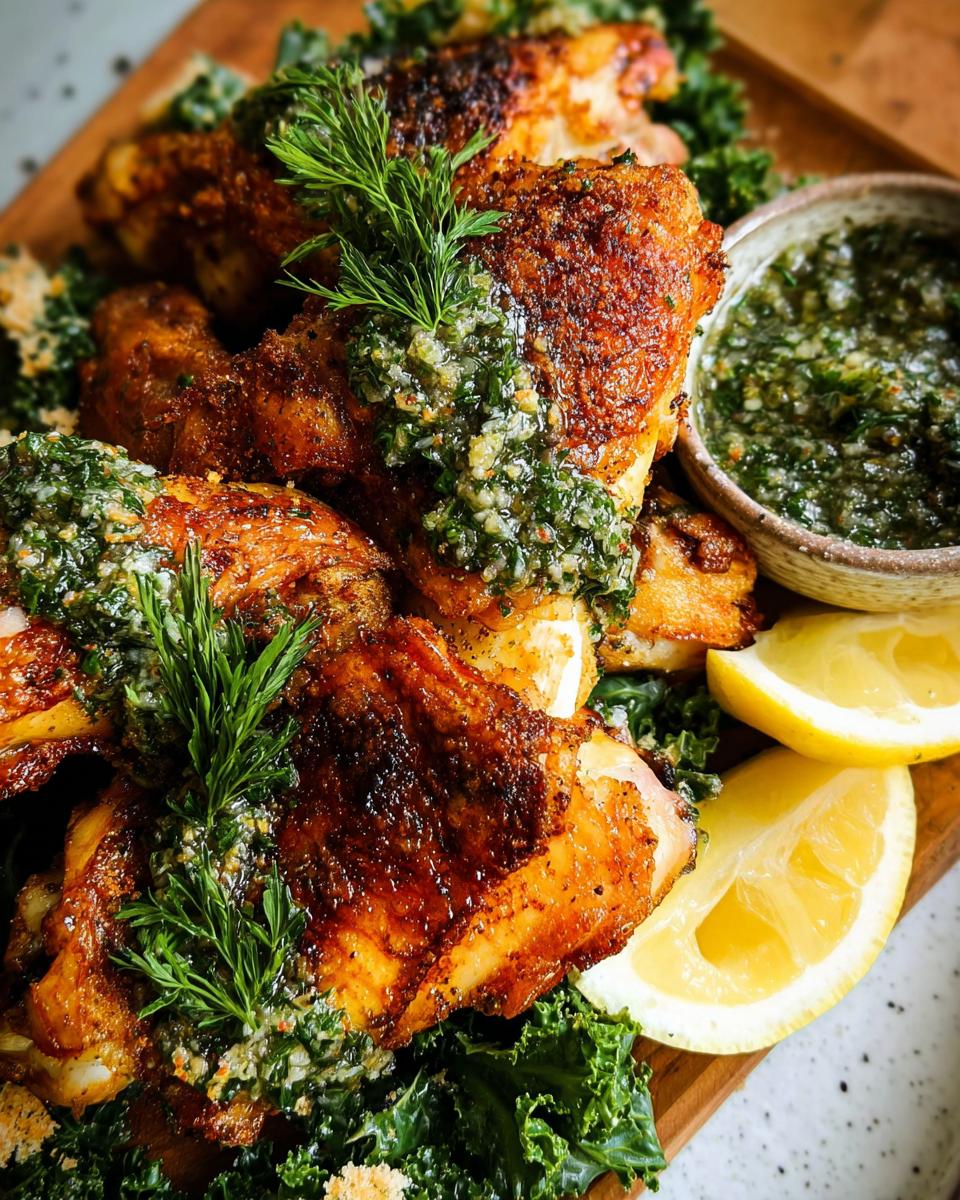 Close-up of crispy Restaurant-Style Chicken Thighs topped with gremolata and fresh dill, served with lemon wedges and kale.