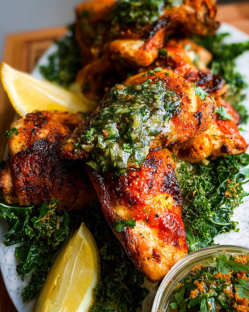 Close-up of restaurant-style chicken thighs topped with gremolata and served with kale and lemon.