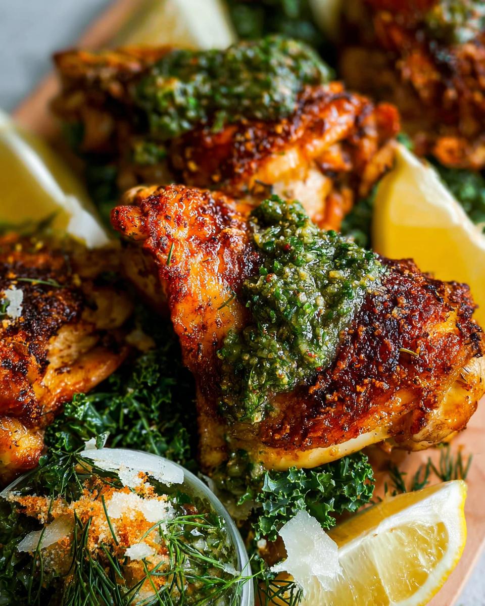 Close-up of juicy, crispy restaurant-style chicken thighs topped with vibrant gremolata and served with lemon wedges and kale.
