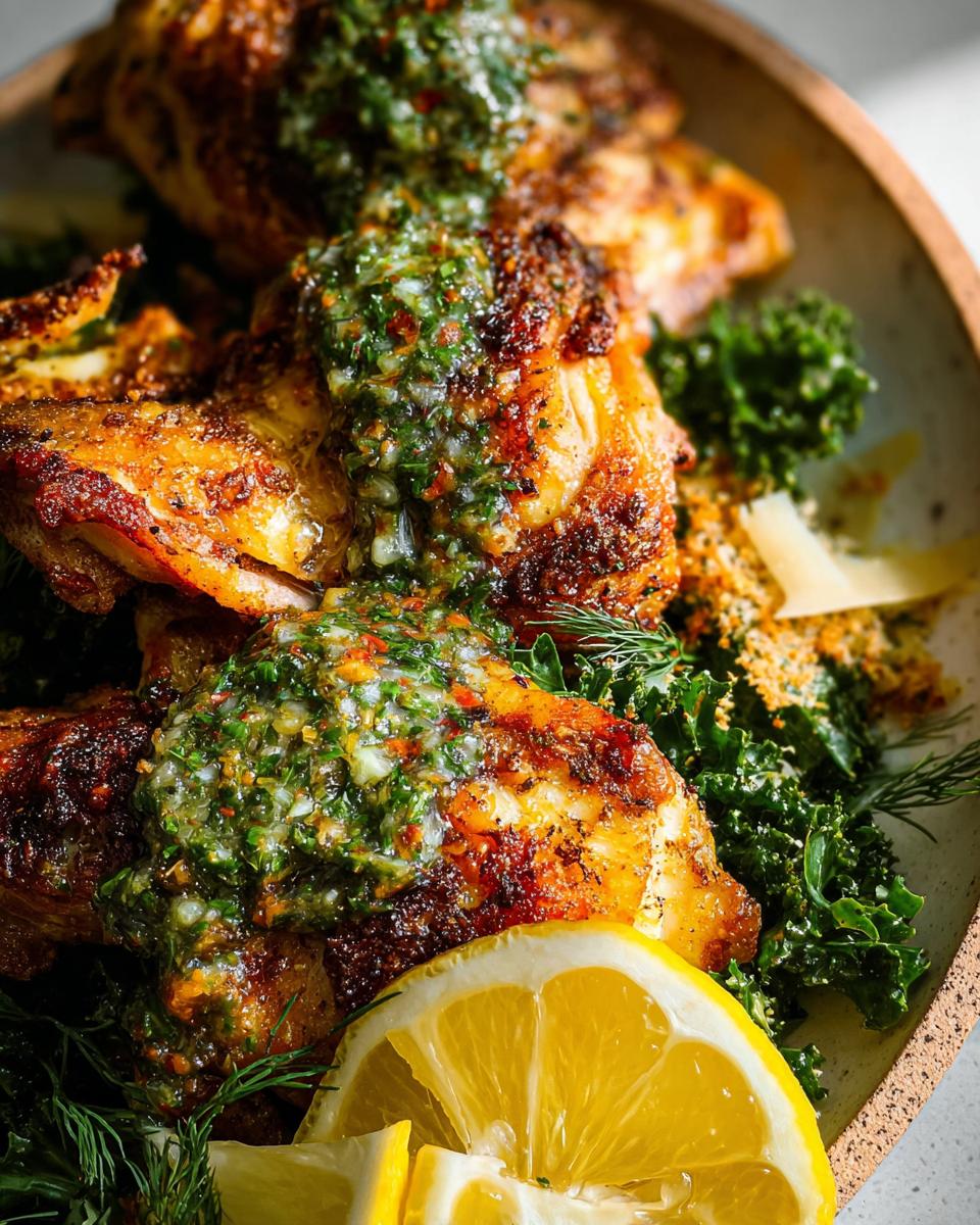 Close-up of restaurant-style chicken thighs recipe at home, topped with vibrant gremolata and served with greens and lemon.