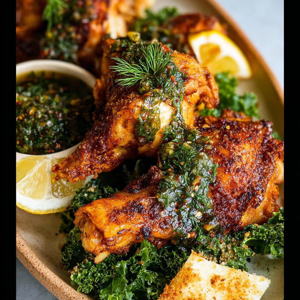 Close-up of crispy restaurant-style chicken thighs topped with a vibrant green herb sauce and lemon wedges.