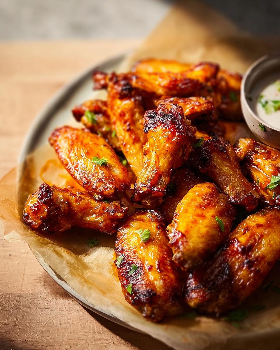 Close-up of golden-brown, glossy restaurant-style chicken wings, garnished with parsley, served on parchment paper.