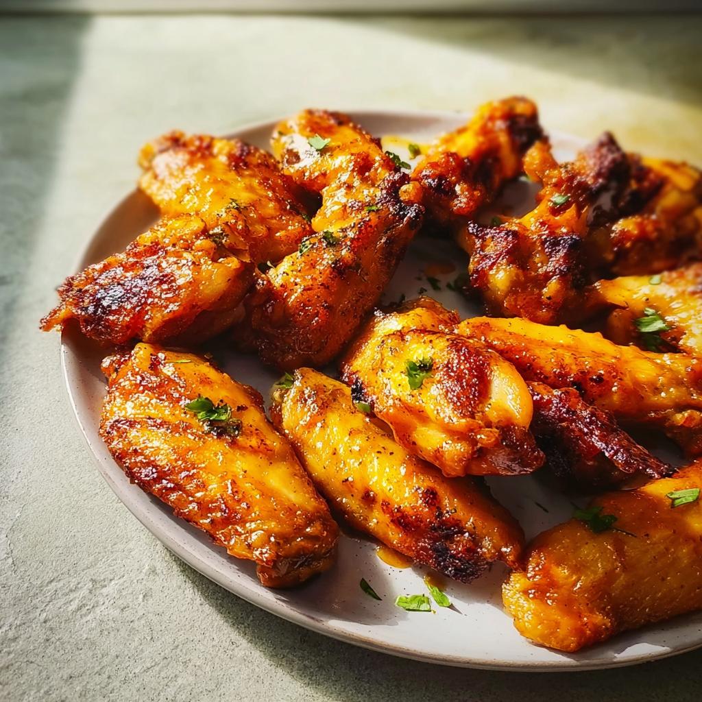 A plate of golden-brown, glossy restaurant-style chicken wings, seasoned and garnished with parsley.