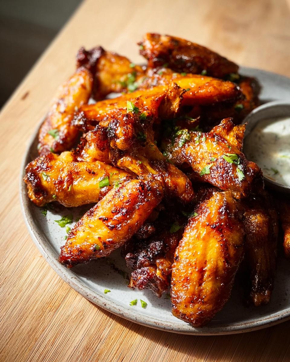 A plate of golden brown, glossy restaurant-style chicken wings, garnished with parsley, served with a side of ranch dip.