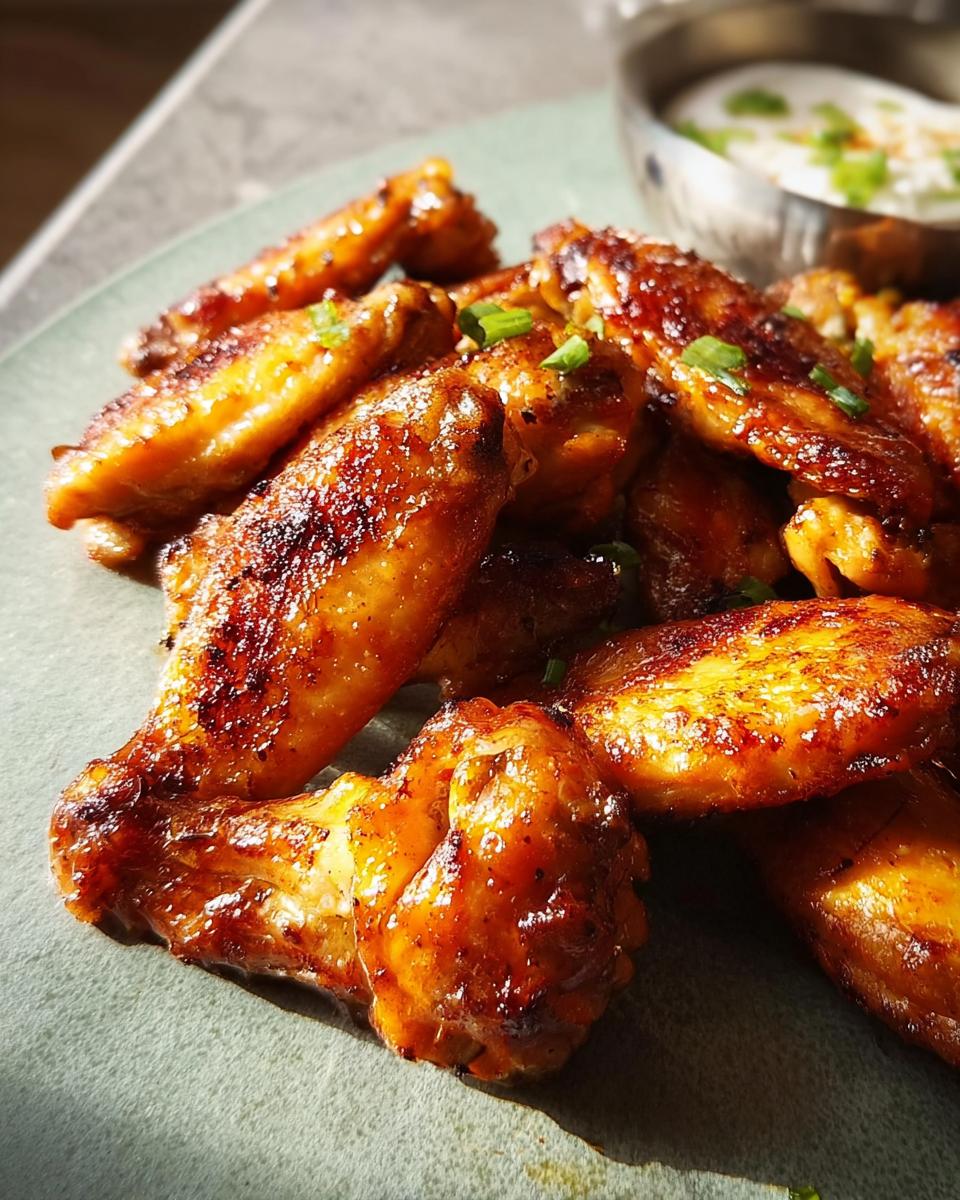 Close-up of glossy, golden-brown restaurant-style chicken wings, garnished with chopped green onions.