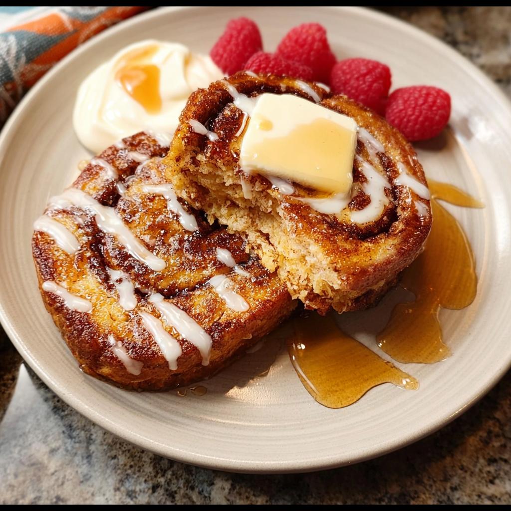 Close-up of restaurant-style cinnamon rolls with icing, butter, and syrup, served with raspberries and cream.