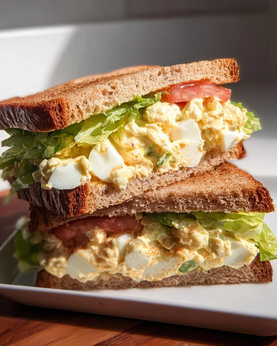 A stacked egg salad sandwich with lettuce and tomato on whole wheat bread, a perfect restaurant-style sandwich idea.