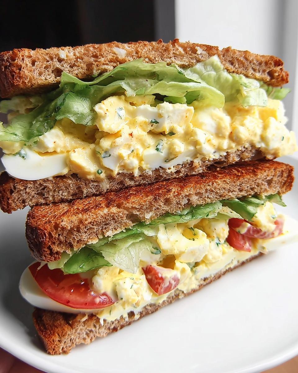 A stacked restaurant-style egg salad sandwich with lettuce, tomato, and whole wheat toast.