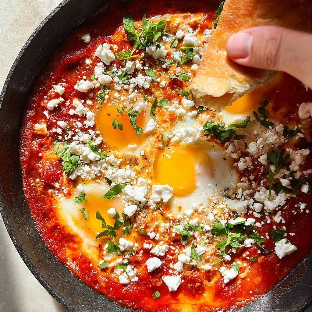 A hand dips bread into a skillet of restaurant-style eggs baked in a rich tomato sauce, topped with feta cheese and fresh herbs.