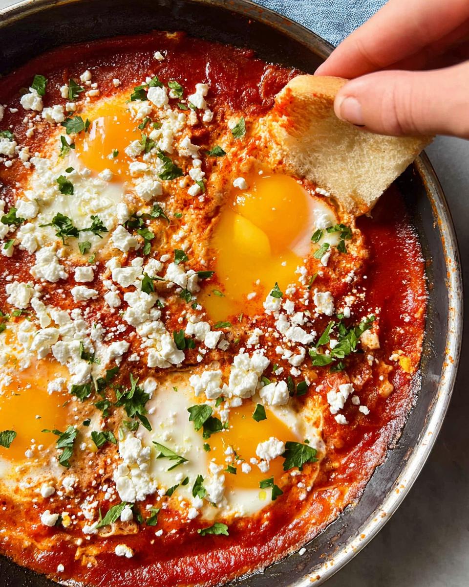 A hand dips bread into a pan of restaurant-style eggs cooked in a rich tomato sauce with crumbled feta cheese.