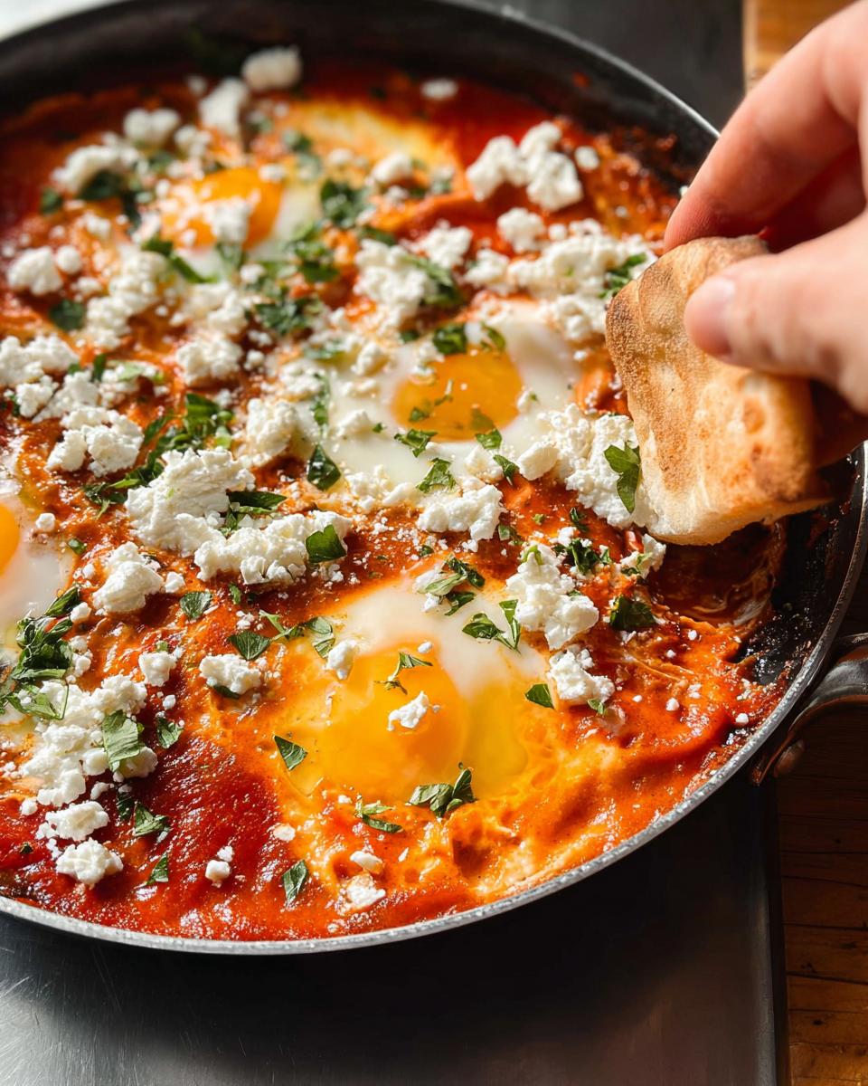 A hand dips bread into a pan of restaurant-style eggs recipe: shakshuka with feta and parsley.
