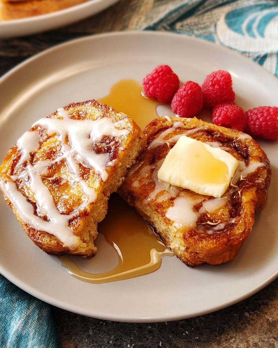 Two slices of golden-brown French toast topped with icing and butter, served with raspberries and syrup. A perfect restaurant-style breakfast idea.