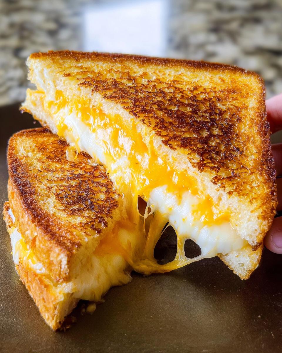 Close-up of a perfectly grilled cheese sandwich, cut in half, with melted cheese oozing out. Restaurant-Style Grilled Cheese Recipes at Home.