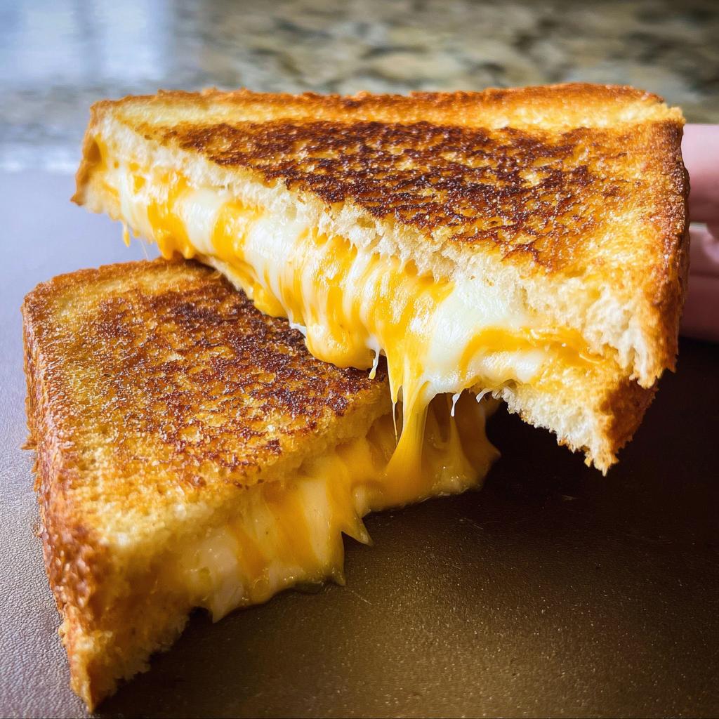 Close-up of a perfectly grilled cheese sandwich, cut in half, with melted cheese oozing out. Restaurant-Style Grilled Cheese Recipes at Home.