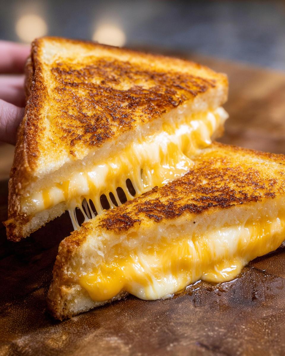 Two halves of a perfectly grilled cheese sandwich with gooey melted cheese oozing out.
