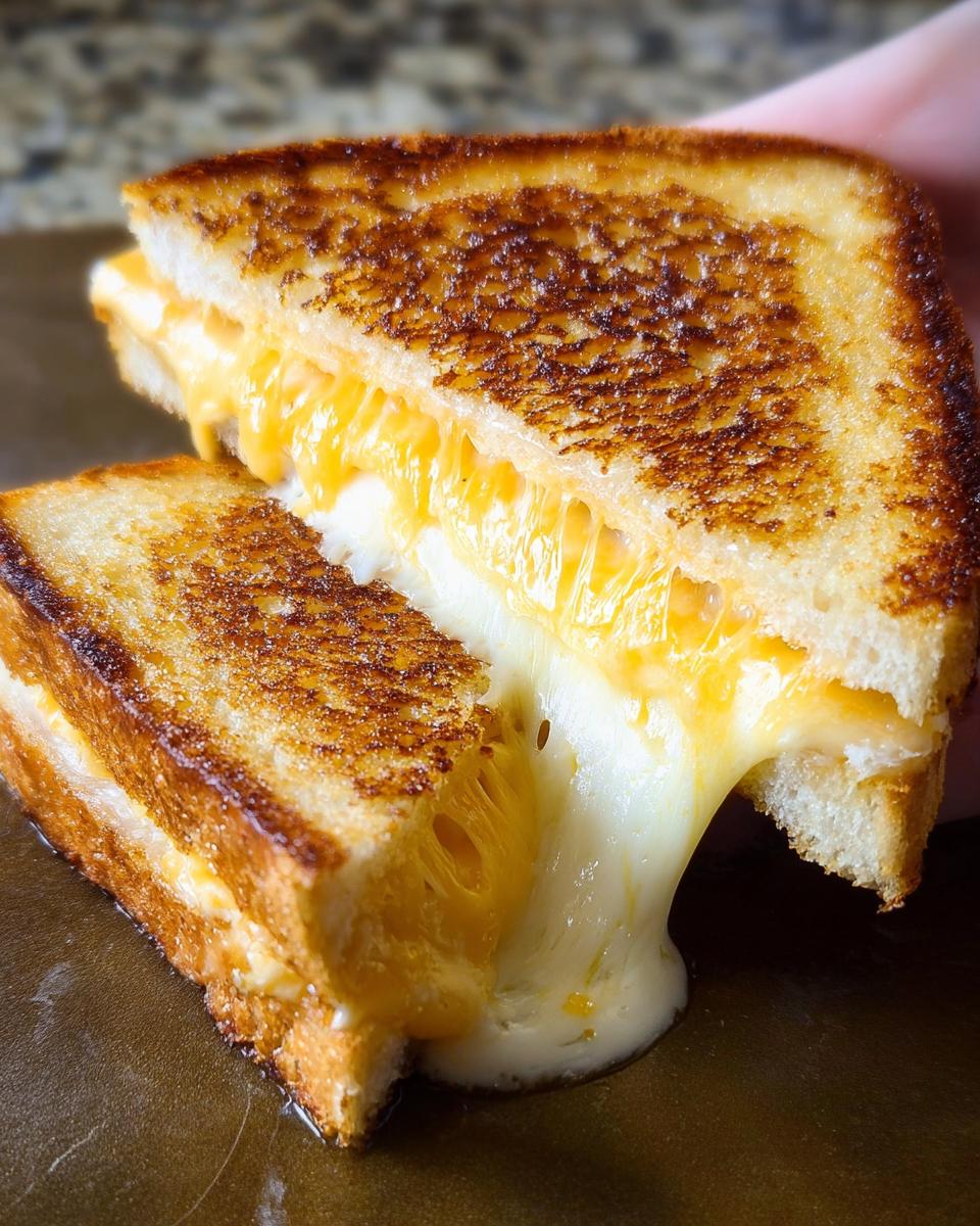 Close-up of a restaurant-style grilled cheese sandwich with gooey, melted cheese oozing out.