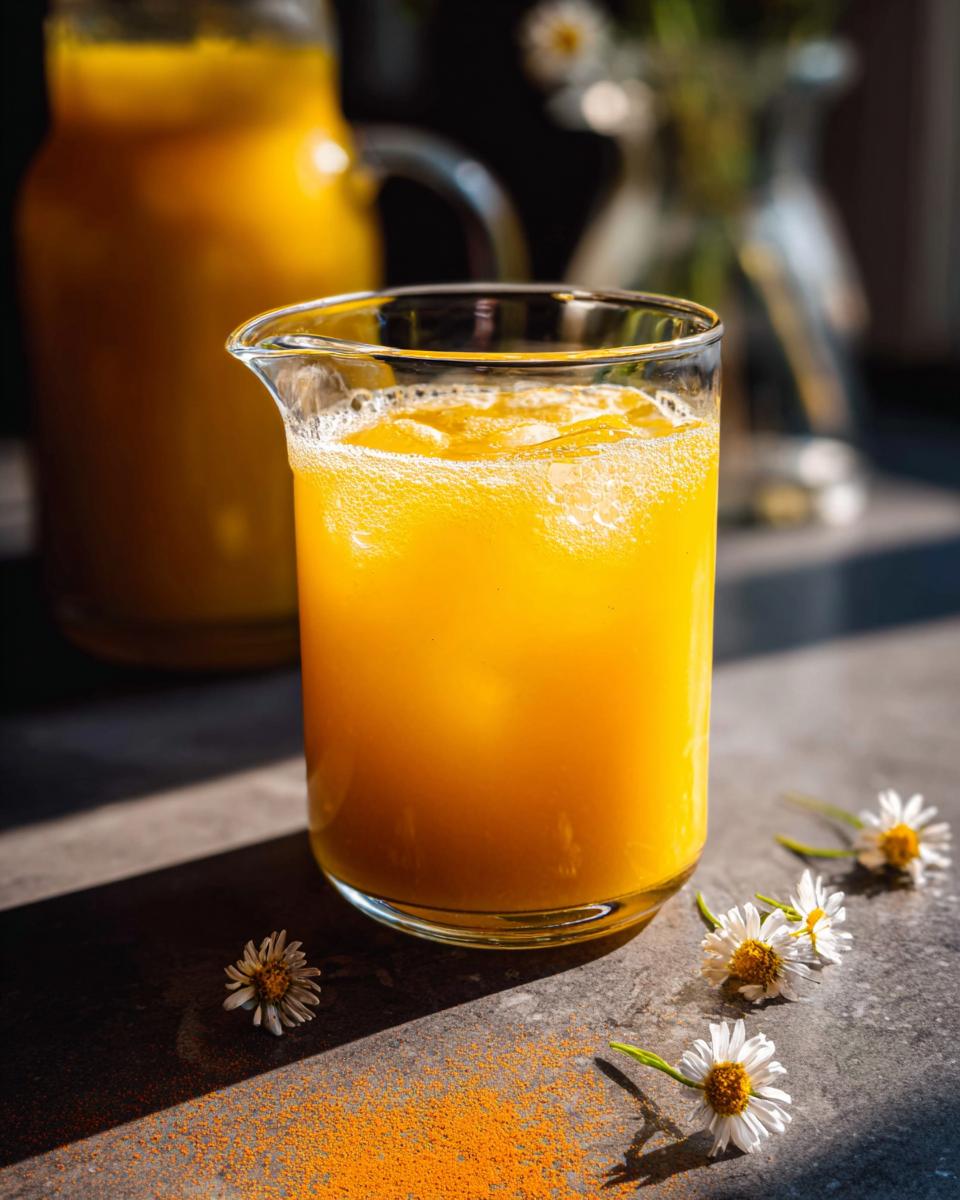 A glass of vibrant orange juice with ice, next to a pitcher, garnished with small white flowers and a sprinkle of orange powder.
