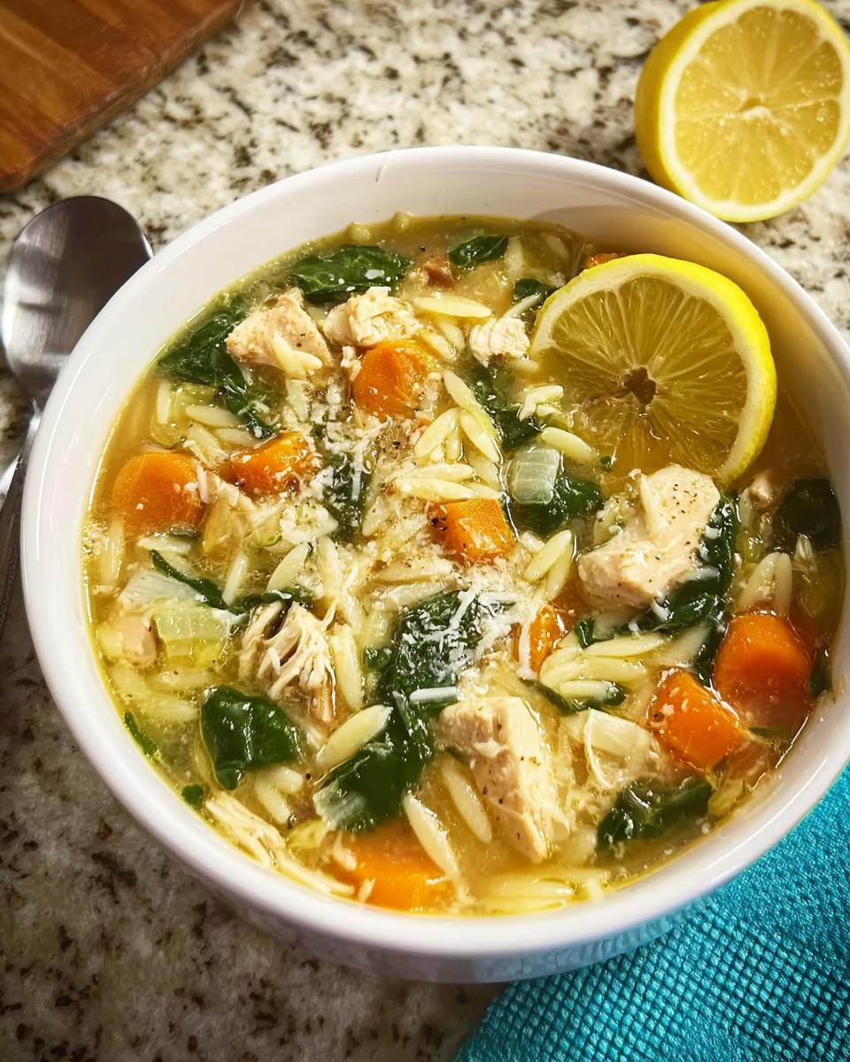 A bowl of restaurant-style lemon chicken orzo soup with carrots, spinach, and a lemon slice.