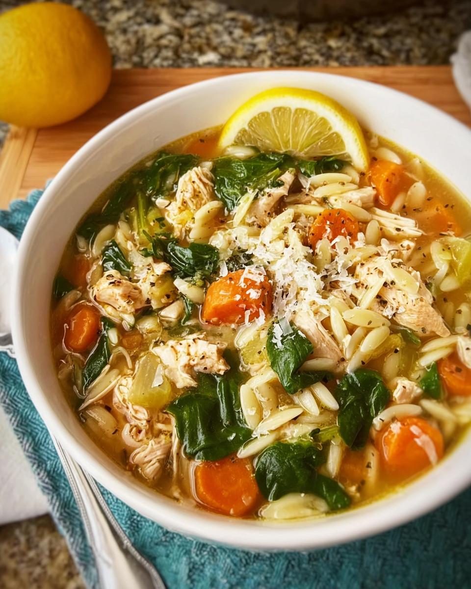 A bowl of restaurant-style lemon chicken orzo soup with spinach, carrots, and a lemon slice.