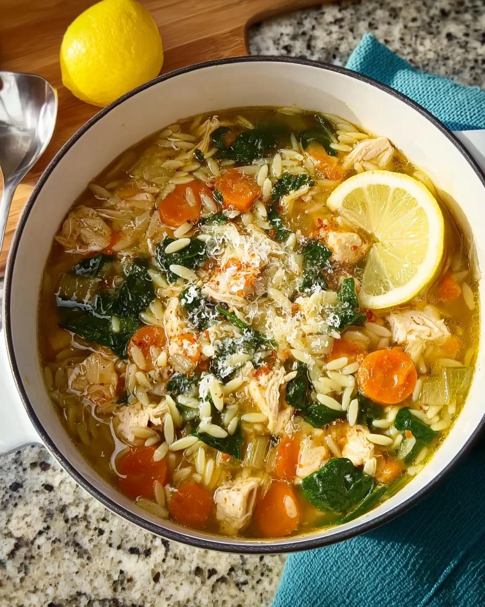 A bowl of restaurant-style lemon chicken orzo soup with carrots, spinach, and a lemon slice.