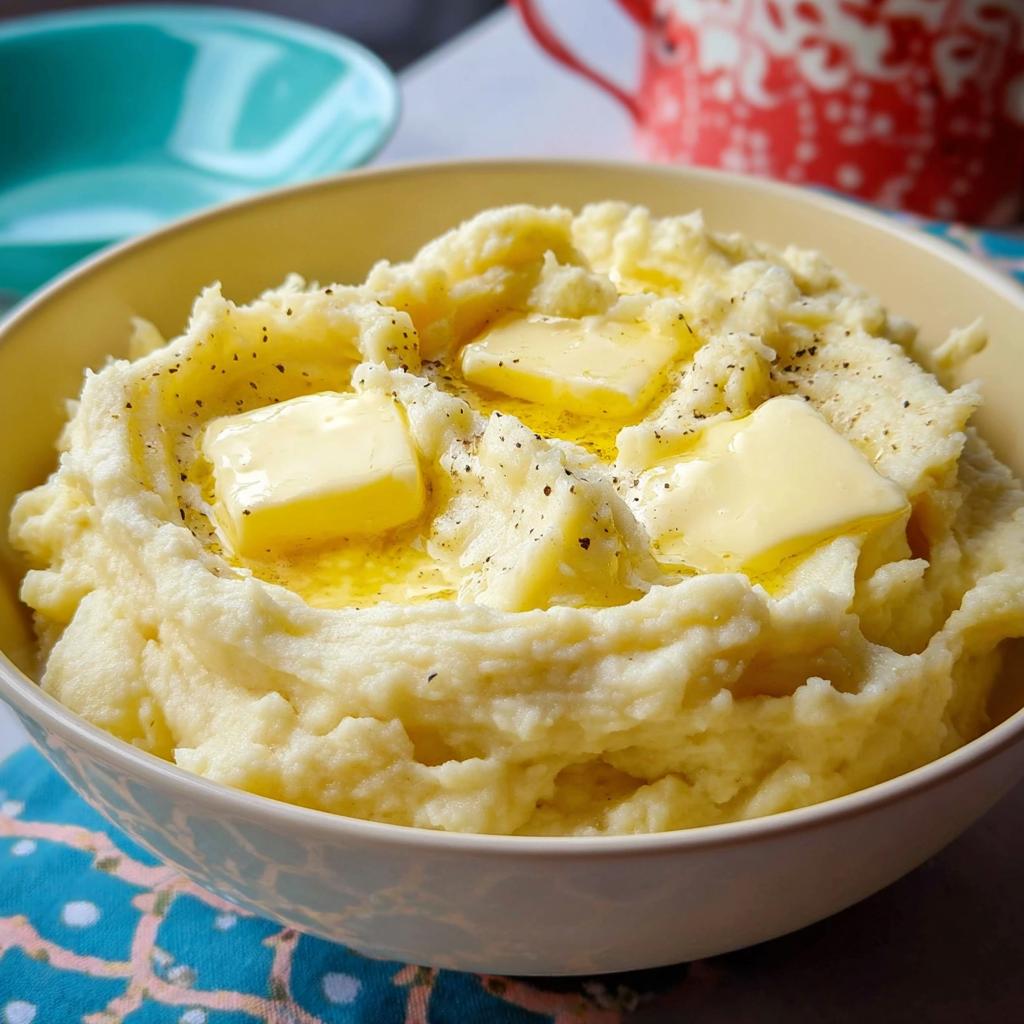 Close-up of creamy mashed potatoes topped with melting butter and black pepper, part of Restaurant-Style Mashed Potatoes Recipes at Home.