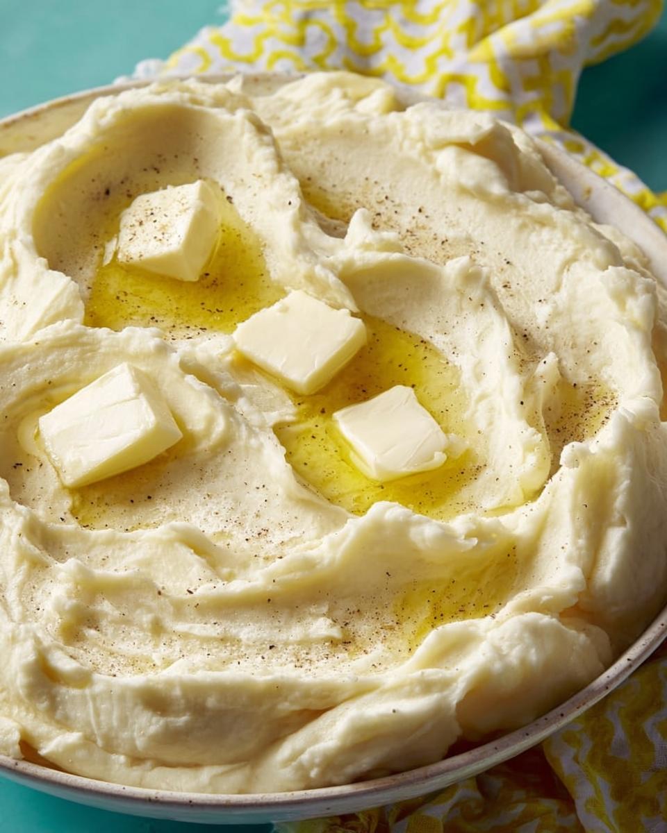 A close-up of fluffy Restaurant-Style Mashed Potatoes topped with melting butter and black pepper.