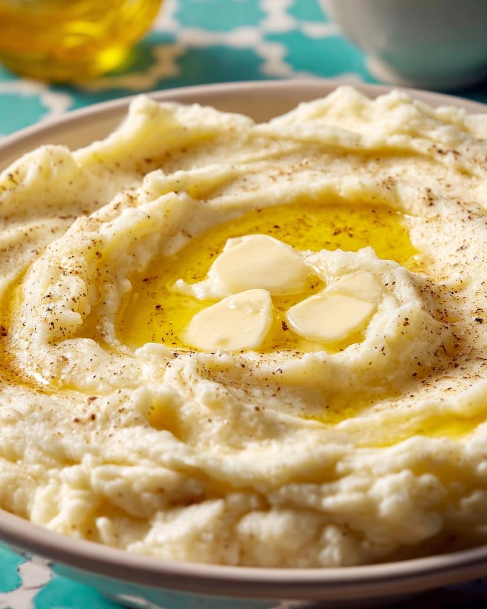 Close-up of creamy Restaurant-Style Mashed Potatoes Recipes at Home, topped with melted butter and black pepper.