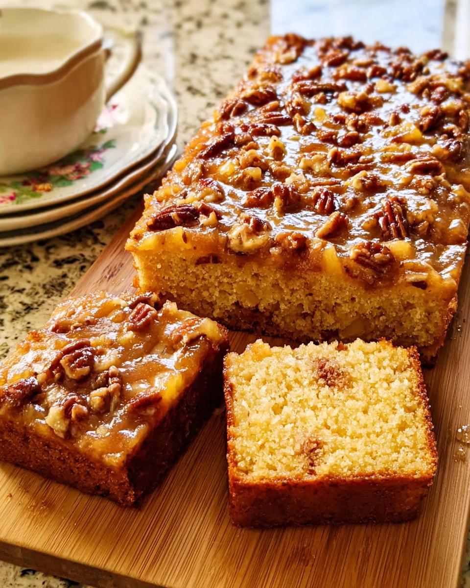 Close-up of a restaurant-style pecan cake with a glossy caramel topping and nuts, sliced on a wooden board.