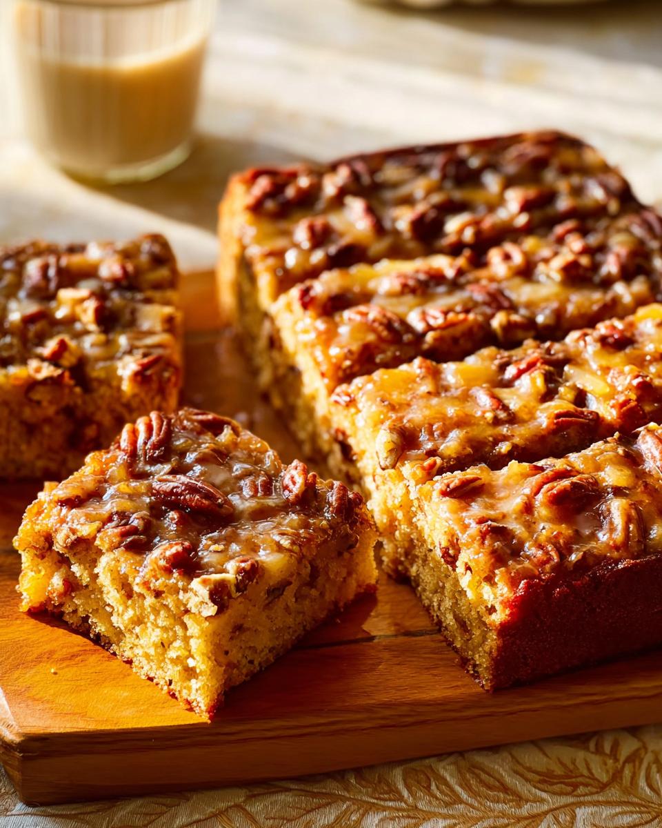Close-up of a slice of restaurant-style pecan cake with a glossy glaze and whole pecans.