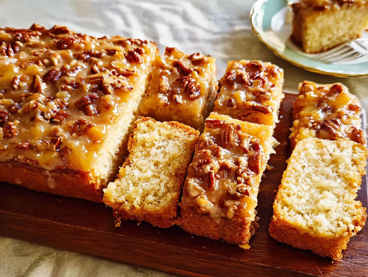 Close-up of restaurant-style pecan cake slices with caramel glaze, perfect for home baking recipes.