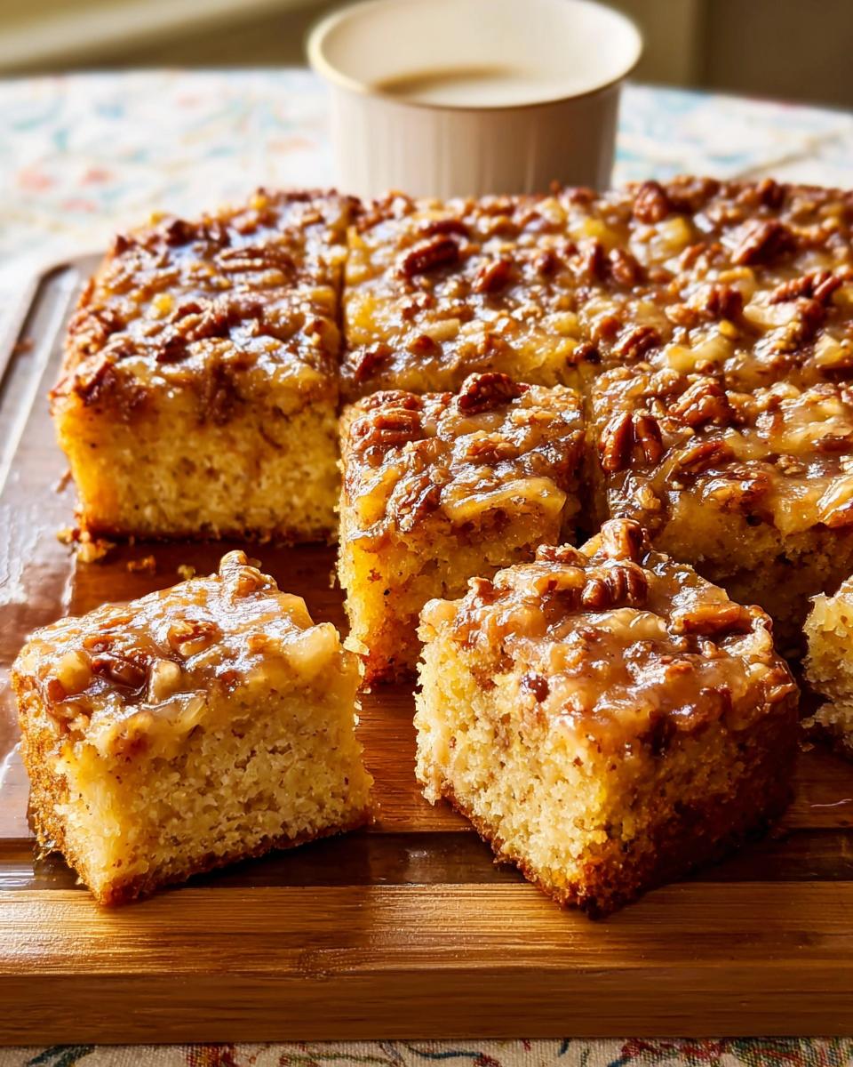 Close-up of a slice of restaurant-style pecan streusel cake with a caramel glaze, perfect for home baking.