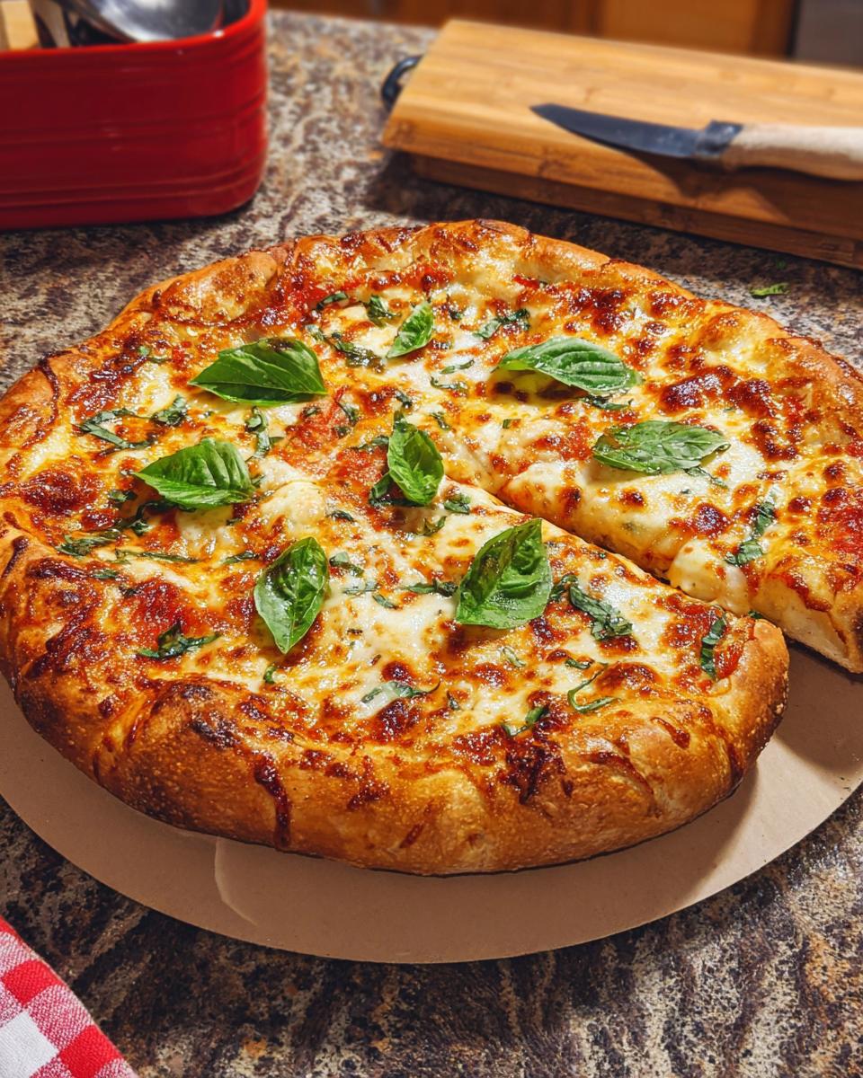 A freshly baked Margherita pizza with melted cheese, tomato sauce, and basil, ready for a restaurant-style pizza night at home.