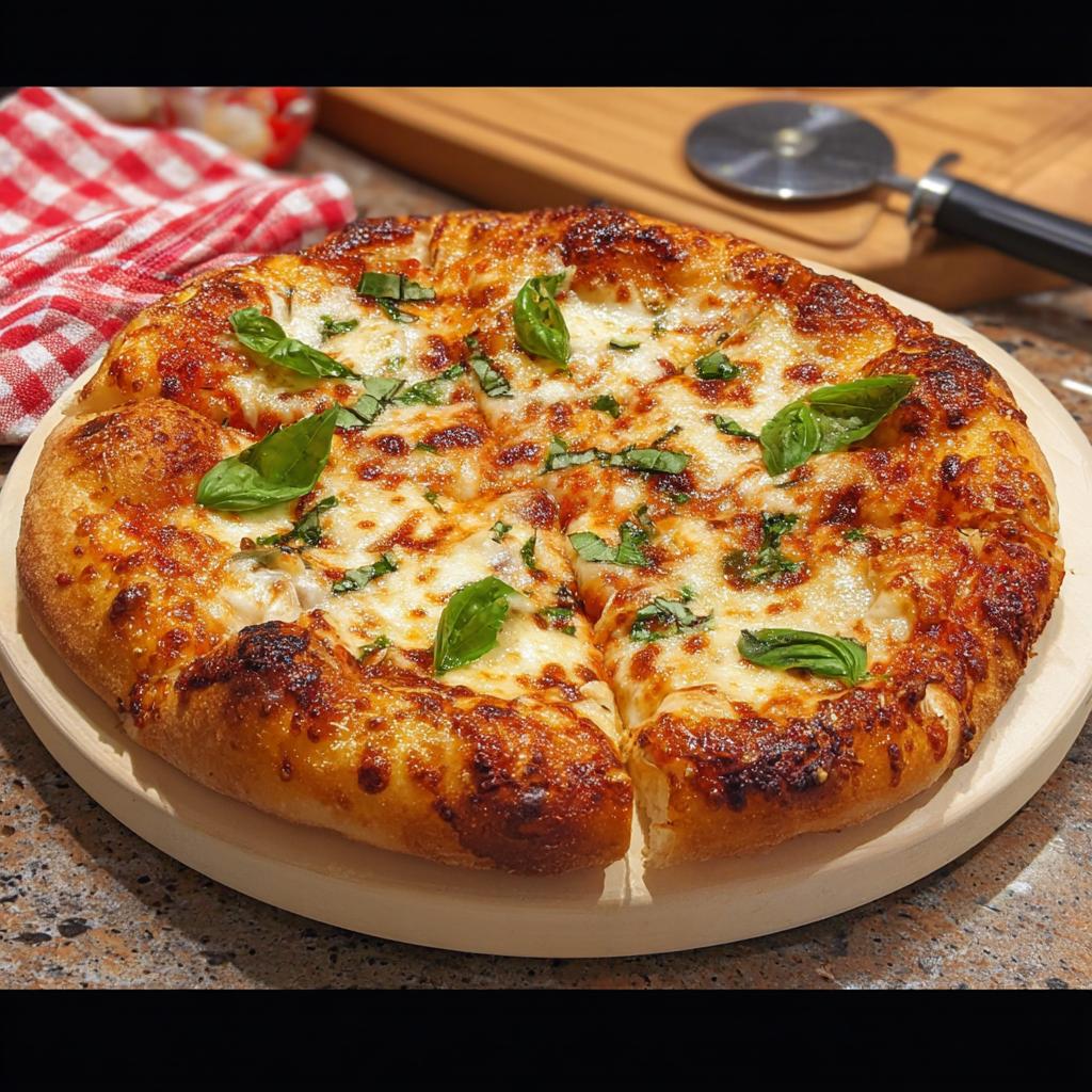 A delicious, freshly baked restaurant-style pizza with melted cheese and basil, perfect for pizza night recipes at home.