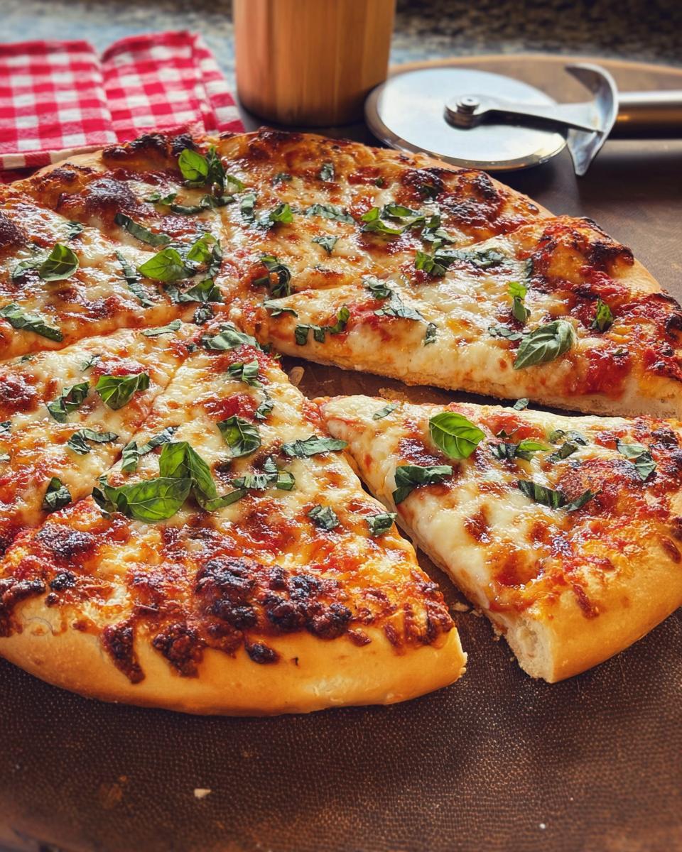 A freshly baked restaurant-style pizza with melted cheese and basil, perfect for a pizza night at home.