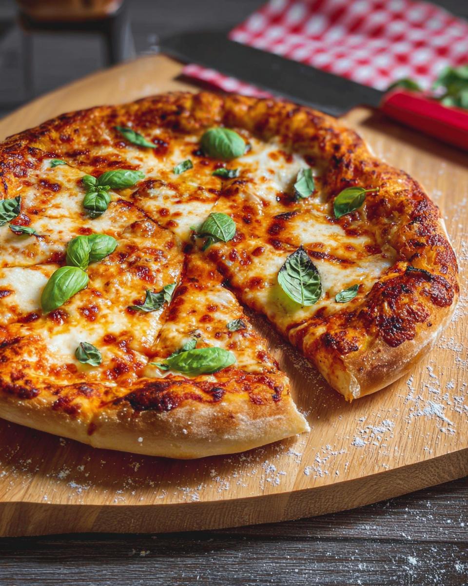 A freshly baked restaurant-style pizza with melted cheese and basil, perfect for pizza night at home.