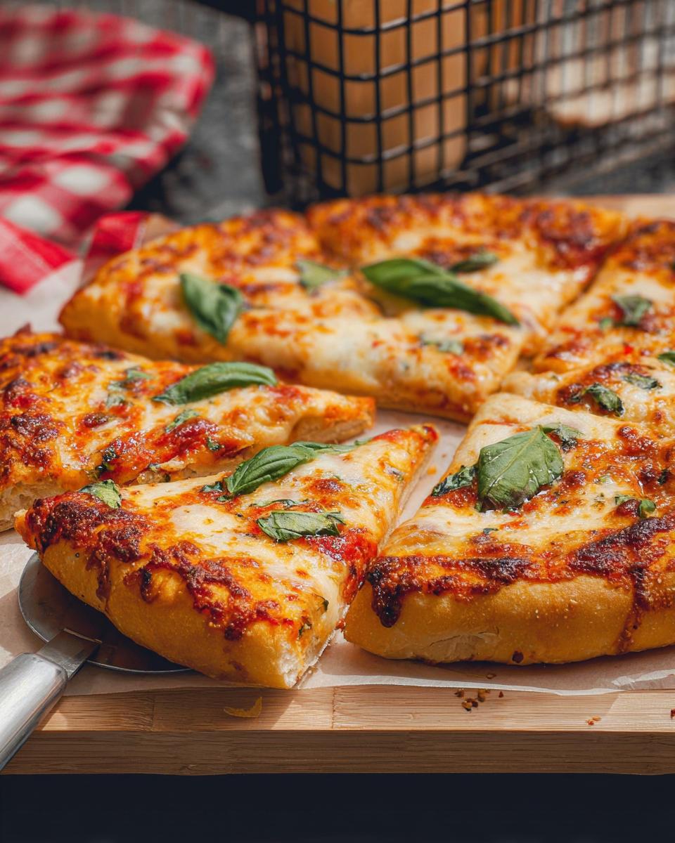 A freshly baked restaurant-style pizza, sliced and garnished with basil, perfect for pizza night recipes at home.