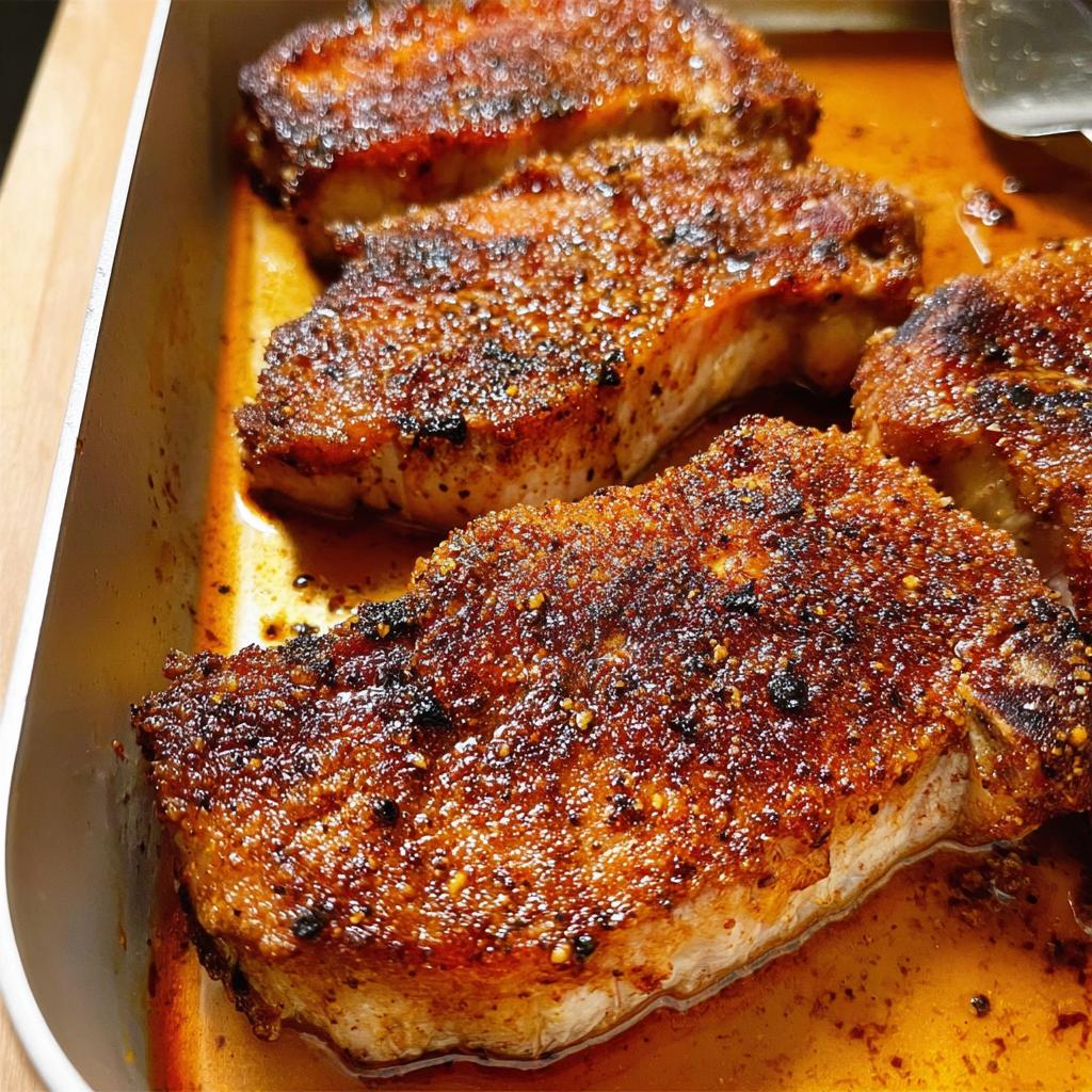 Four juicy, pan-seared pork chops seasoned with a dark spice rub, resting in a baking dish.