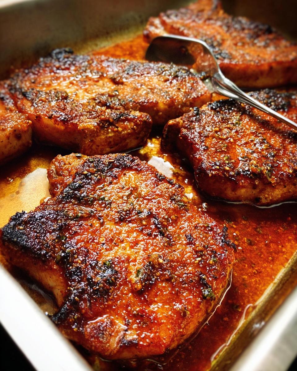Close-up of juicy, pan-seared restaurant-style pork chops with a flavorful glaze, ready to serve.