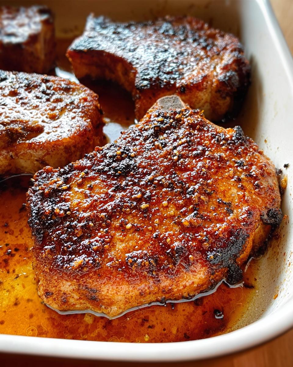 Close-up of juicy, pan-seared pork chops in a white baking dish, part of Restaurant-Style Pork Chops Recipes at Home.