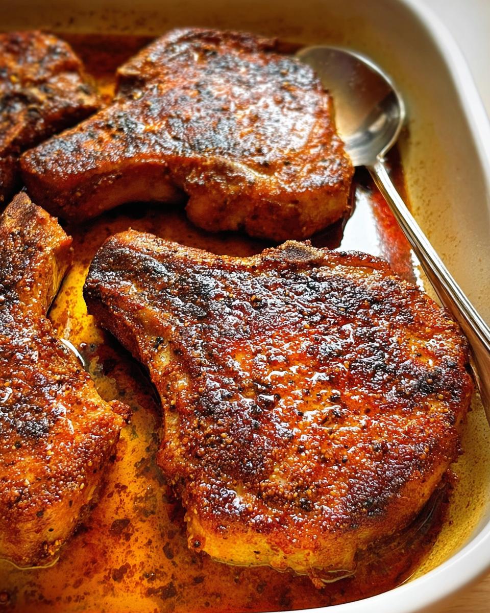 Close-up of juicy, seasoned restaurant-style pork chops in a baking dish, ready to be served.