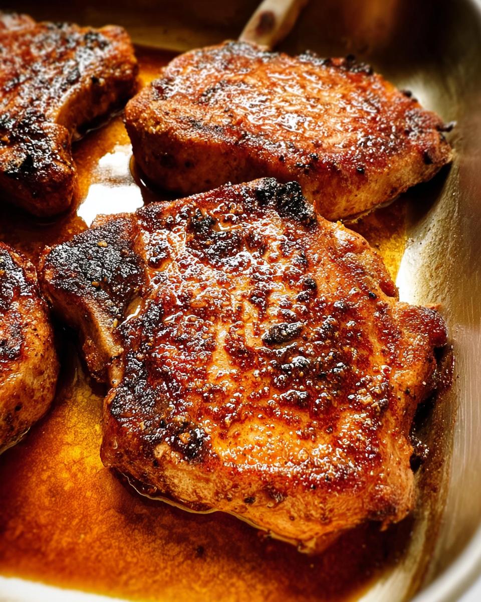 Close-up of perfectly seared restaurant-style pork chops in a pan, glistening with juices.