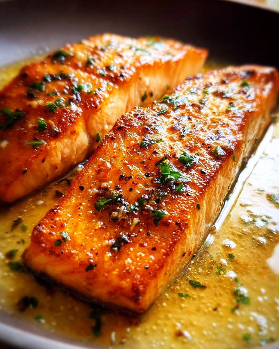 Two perfectly cooked salmon fillets with a golden-brown crust, glistening in a buttery sauce with chopped herbs, part of a restaurant-style salmon recipe at home.