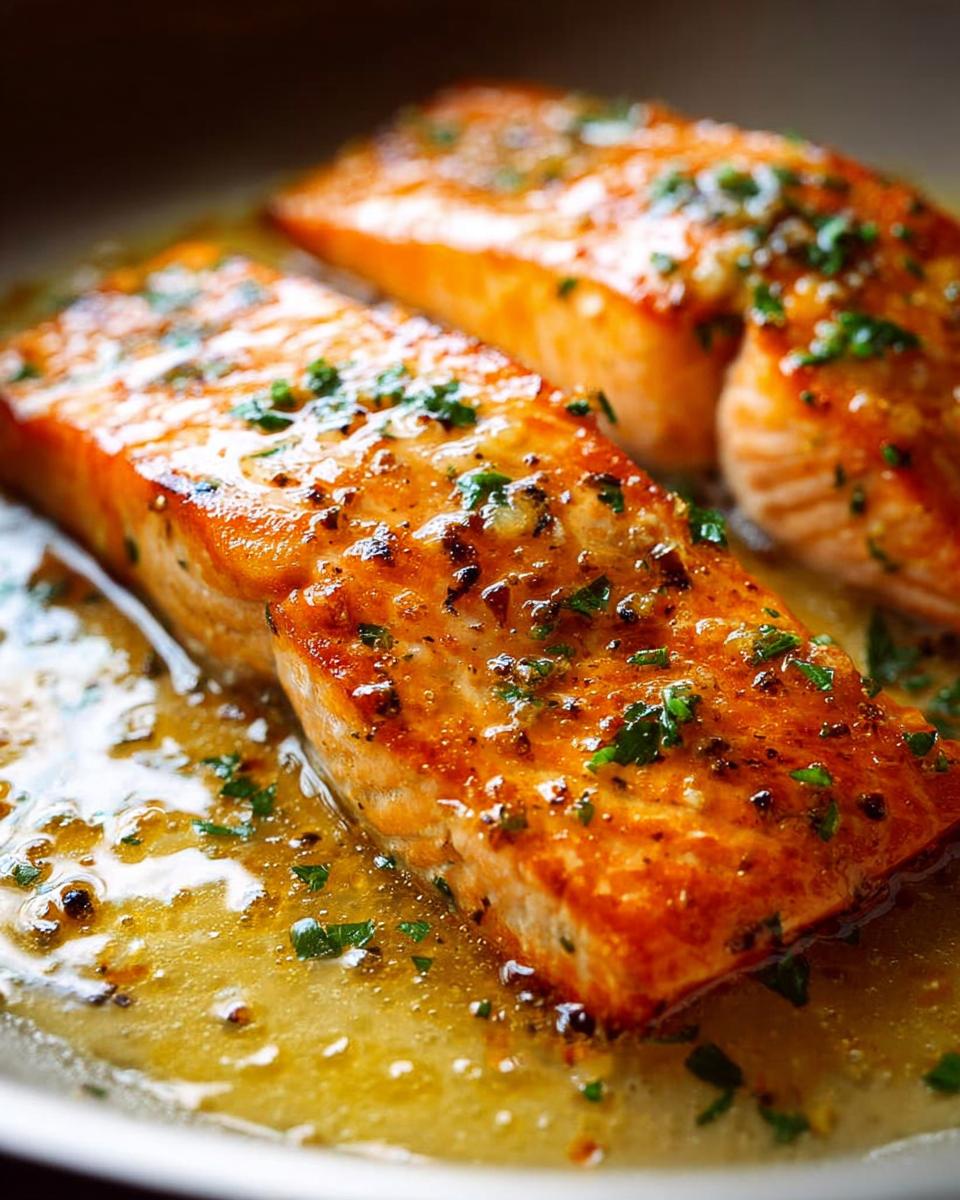 Two perfectly cooked salmon fillets with a golden-brown crust, glistening in a buttery sauce with fresh herbs.