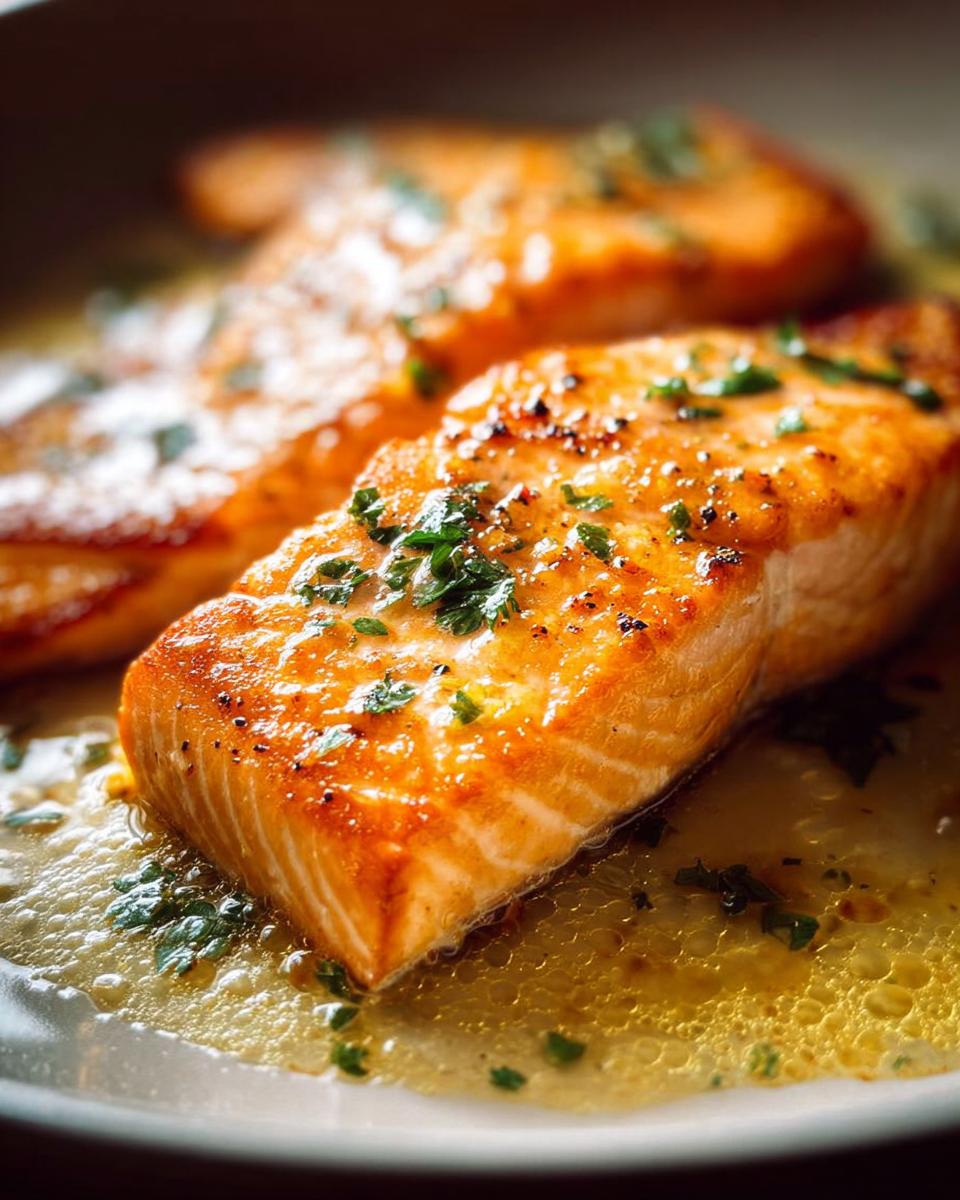 Close-up of perfectly cooked salmon fillets in a buttery sauce, a restaurant-style salmon recipe at home.