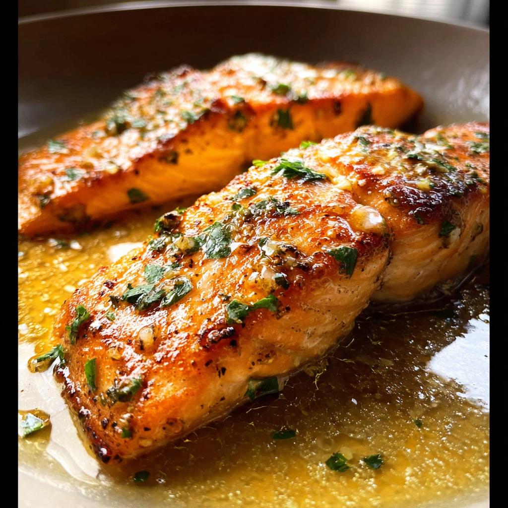 Two perfectly cooked salmon fillets with a golden-brown crust, drizzled in a buttery garlic herb sauce.